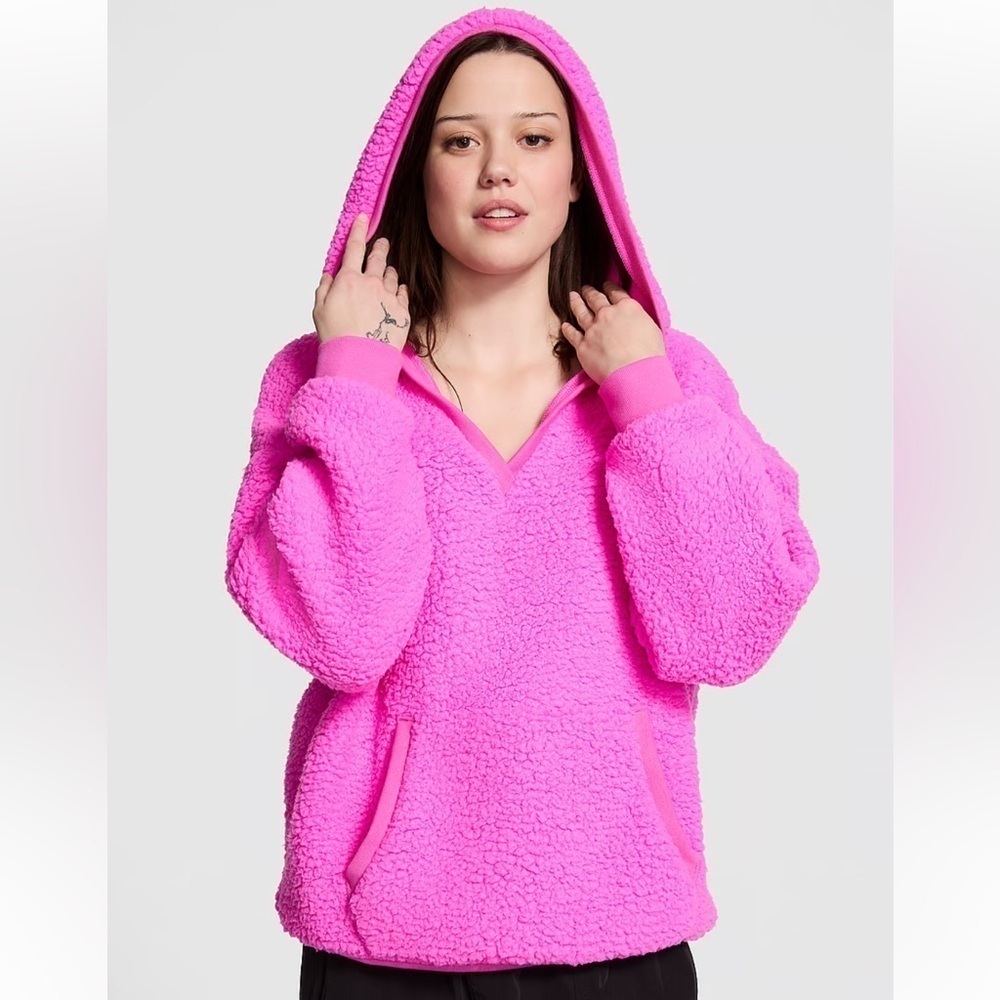 Brand New PINK Victoria’s Secret COZY FLEECE PULLOVER HOODIE V-Neck Activewear